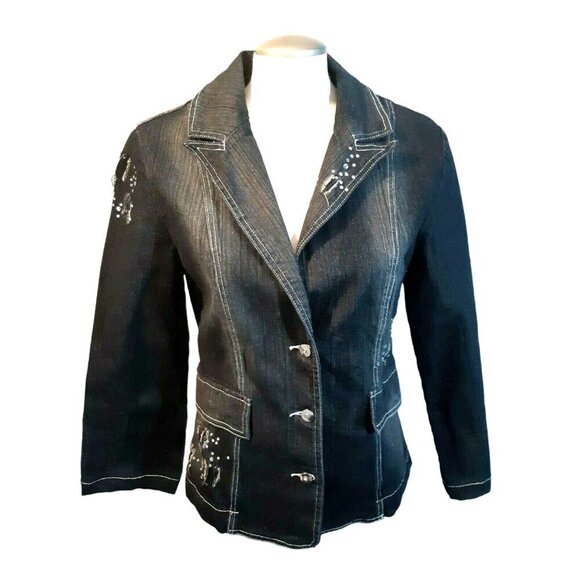Vintage Cartise Womens 8 Jean Jacket Rhinestone Embellished Denim Distressed - Picture 1 of 6